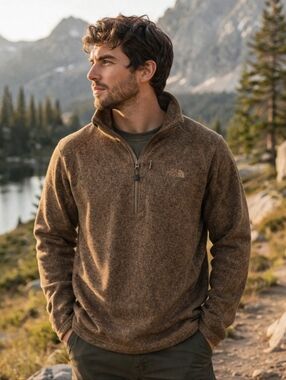 The North Face 1/4 Zip Fleece Pullover Mens L Brown Sweater Knit Outdoor